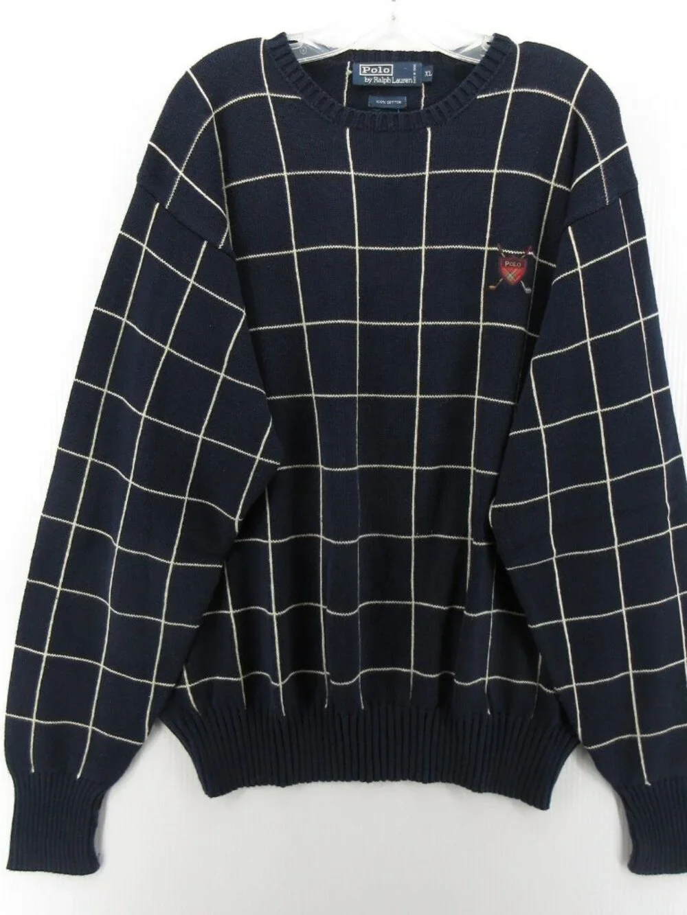 VINTAGE Polo Ralph Lauren Sweater XL Navy Golf Crest Ribbed Chunky Knit
